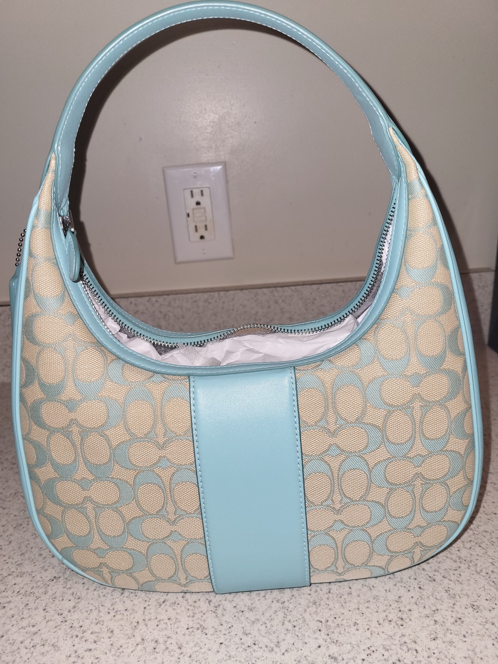 Coach Light Blue and Cream Signature Shoulder Hobo with Card Case - Picture 2 of 4